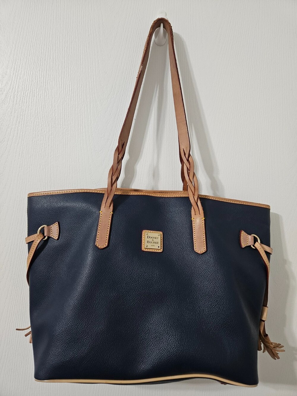 Dooney & Bourke Navy Pebble Leather Tote Tan Trim Braided Handles Red Lining